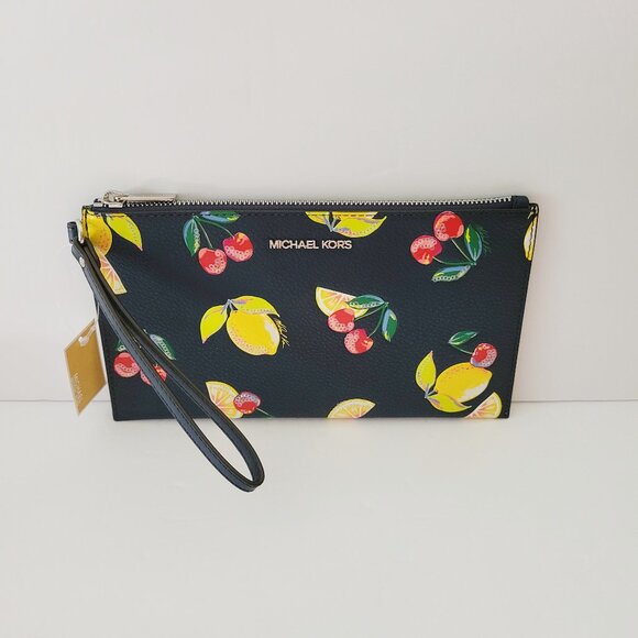 Michael Kors Jet Set Travel Large Top Zip Wristlet Clutch Navy Fruit Handbag - Picture 1 of 7